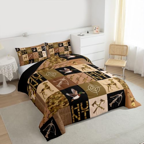 Image of Feelyou Mallard Duck Hunter Comforter Set Queen Size for Boys Teens Kids,Camouflage Deer Duck Hunt Theme Bedding Sets Hunting Camo Quilt Men Retro Room Decor