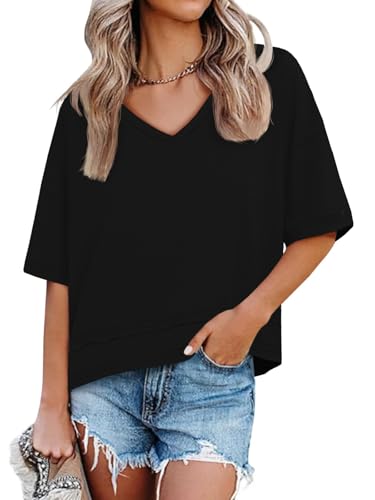 Image of UNCLECAT Womens V Neck T Shirts Summer Trendy Loose Fit Casual Tops Tees
