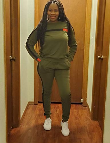 Kansoon Women Stripe Patchwork Two Piece Tracksuit Round Neck Pullover And Skinny Long Pants Green S #TOP2