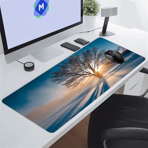 Alfombrilla de Ratón Grande 900x400x2 mm Alfombrillas Ratón XXL Alfombrilla Escritorio Antideslizante Mejora la Precisión y la Velocidad Mouse Pad Gaming para PC Oficina (Amanecer Árbol Nieve)