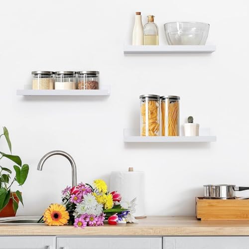 Image of Wooden Floating Wall Shelves Set of 3 for Living Room & Bedroom | Modern Wall Mounted Display Rack for Decor, Photo Frames, Plants & Storage (White, 16 Inch)