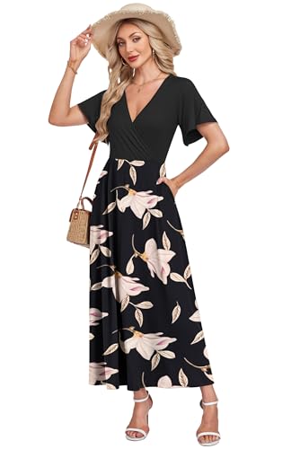 AUSELILY Boho Kleid Damen Lang Bodenlang Hohe Taille Lässiges Lockeres Sommerkleid mit Taschen Schwarz Prunkwinde S 2