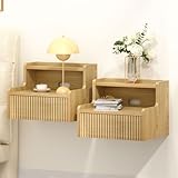 Skokliz Floating Bedside Table Set of 2, Small Wall Mounted Nightstand with Drawer and Open Shelf for Bedroom, Living Room, Kitchen, Wood