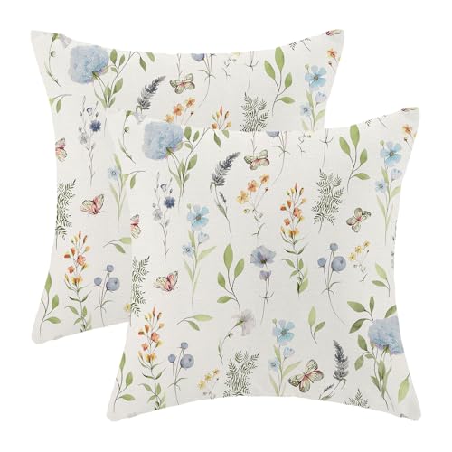 Image of Spring Pillow Covers 18x18 Inch Set of 2, Sage Green Blue Wild Flower Throw Pillows Case,Colorful Seasonal Floral Plant Outdoor Decorative Farmhouse Decor Cushion Covers for Home Sofa Bed Couch