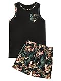 GORGLITTER Men's 2 Pieces Set Floral Print Elastic Waist Shorts Sleeveless Tank Top Outfit Tracksuit Black Floral Large