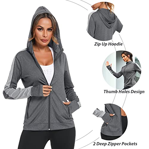Wayleb Womens Zip Up Hoodie Sports Jacket, Ladies Hoodies Long Sleeve Gym Tops Hooded Sweatshirt for Women, Running Jacket Workout Coat with Pockets and Thumb Holes - Image 6