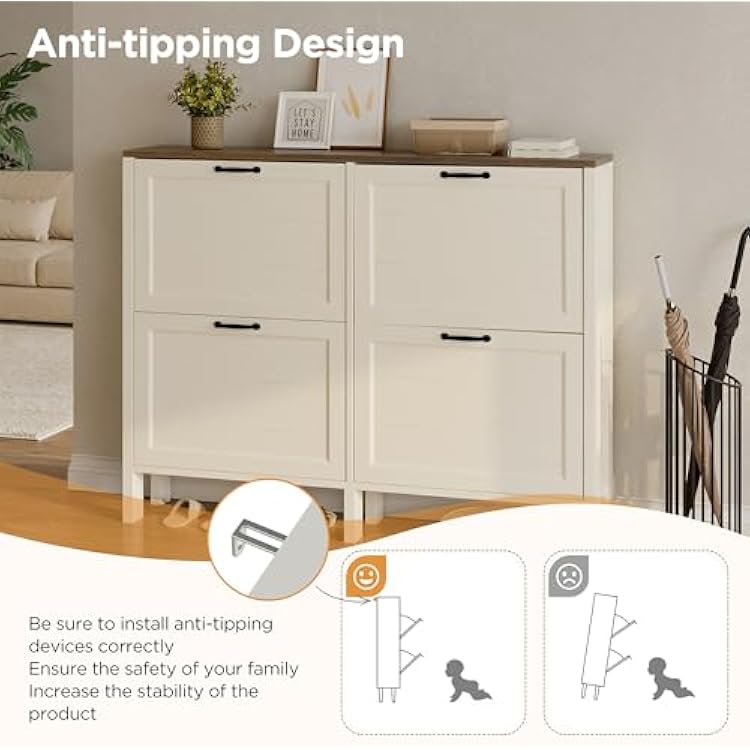 LOUVIXA Shoe Cabinet with 4 Flip Drawers, Narrow Shoe Storage Cabinet, Freestanding Shoe Cabinet Organizer, Hidden Shoe Rack Cabinet for Entryway, Hallway (4-Drawers, Off White-Brown)