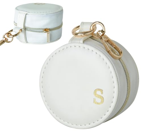 COLLECTIVE HOME - Monogrammed Letter Jewelry Case, Portable Travel Ring Holder Box with Keychain, Personalized Initial Organizer for Earrings Necklaces, Gift for Her (White-s)