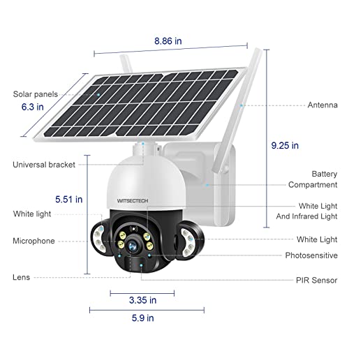 Witsectech 4G Lte Cellular Security Camera With Sim(Verizon At&T T-Mobile) Solar Outdoor Camera 2K Live Video，360° Ptz，Night Vision,Spotlight，Pir Motion Alerts，Cloud Storage- No Wifi Camera #TOP6