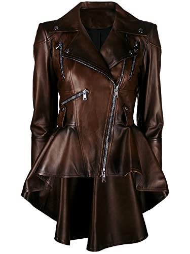 VearFit Alexzender Medusa Black Peplum Fashionable Long Tall Women Coat Blazar Lambskin Leather Jacket For Women