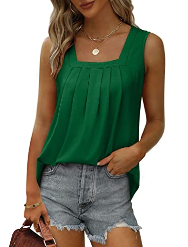 Image of Saloogoe Summer Tank Tops for Women Loose Fit Pleated Square Neck Sleeveless Tops Curved Hem Flowy