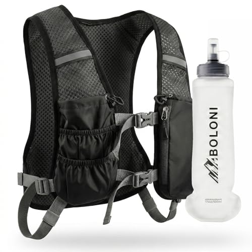 BOLONI Laufweste mit Trinkflasche 500ml Ultraleichte Trinkweste Damen Herren Laufweste mit Handyhalter & 8 Taschen Atmungsaktive Hydration Vest für Trail Running Marathon Jogging Wandern