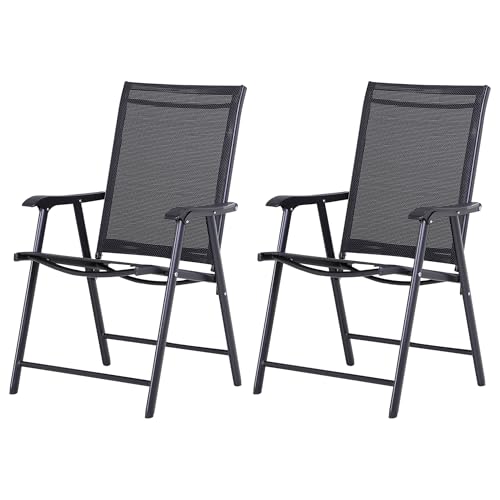 Outsunny Conjunto de 2 Sillas Plegables para Exterior con Reposabrazos Sillas para Balcones Jardín Terraza Metal Texteline Carga 110 kg 58x64x94 cm Negro