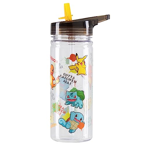 Pokémon Botella de Agua de Plástico Reutilizable con Pajita para Niños, 580 ml