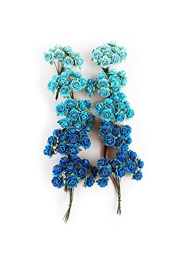 KADADSA 100 pcs Tiny Artificial Roses Mixed Cyan Blue Shade Five Color Mulberry Paper Flower 15-18 mm Flower Wedding Scrapbooking