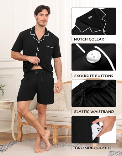Matching Pajamas Set for Couples Women Men Short Sleeve Sleepwear Button Down 2 Pcs Pjs Sets Loungewear,Black-L4