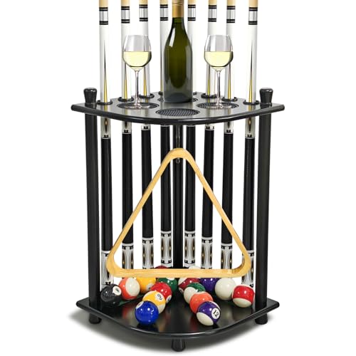 Pool Stick Holder Floor Stand Pool Cue Rack with 16 Ball Holders Solid Wood Billiards Stick Holder 8 Cues Sticks Pool Stick Stand Corner for Game Room Club Pool Table Accessories (Black)