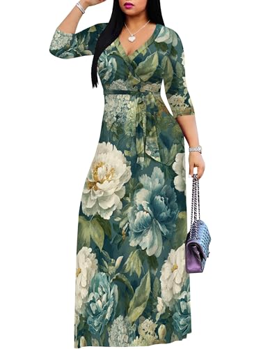 Image of Plus Size Dresses for Women Floral Print Maxi Dress Flowy 3 /4 Sleeve with Belt