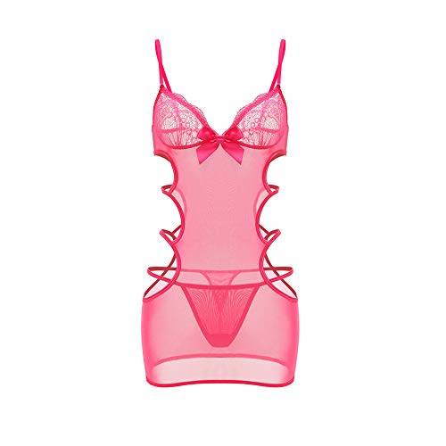 SUNSPICE Sexy Black Floral Lace Mesh Babydoll Chemise with G-String for Women