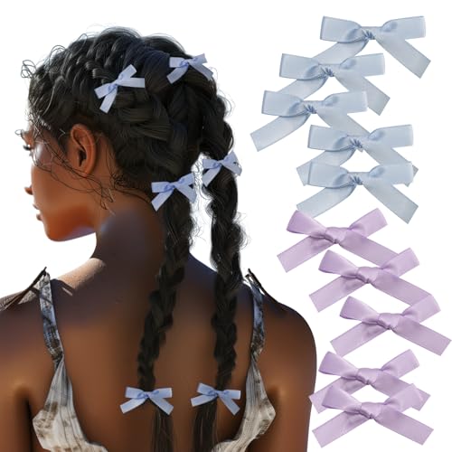 DRIPPYGOODS - 12 PCS Small Hair Ribbon Bow Clips for Women, Girls, Teens, Toddlers, Pastel Blue Purple Coquette Barette Hair Clips Accessories