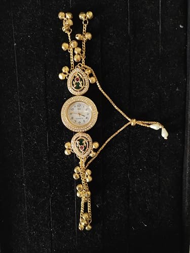 Image of Gold-Plated Kashmiri Bracelet Watch with Kundan Embellishments, Ghungroo Charms and Pearl Accents