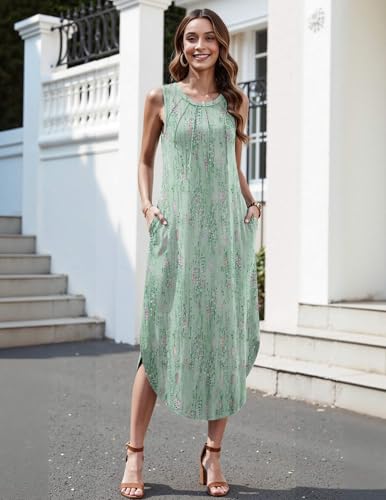 Image of Zeagoo Women Floral Summer Casual Beach Printed Tank Dress with Pockets Pleated Front Long Dress