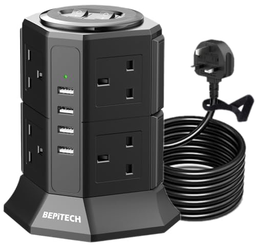 BEPiTECH 12-in-1 Extension Tower with 8 UK-UAE Power Sockets and 4 USB Ports 2-Meter Cord Space-Saving and Elegant Design for Office meeting room and Home Compatible with Multiple Large Plugs