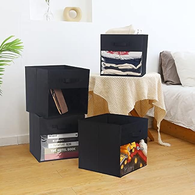 Cube Storage Bin 4 Pack with Clear Window Large Boxes Basket with Handles Fabric Closet Organizer 13 x 13 x 13 Black