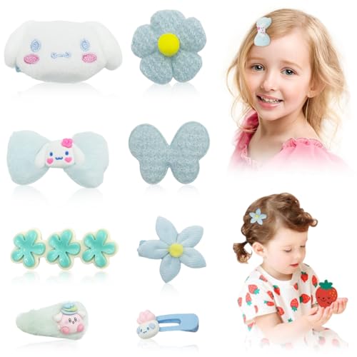 Image of PALAY 8Pcs Cute Cinnamoroll Hair Clips for Girls Kids, Kawaii Cartoon Tic Tac Barrettes, Plush Flower Baby Hair Accessory, Blue