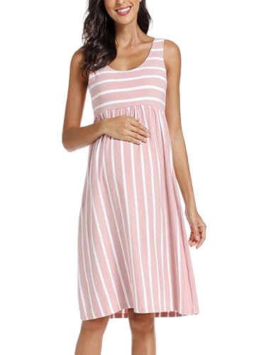 Ecavus Womens Maternity Tank Dress Stripe Color Block Sleeveless Knee Length for Baby Shower