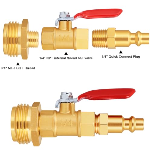 Image of SIGURANTA RV Winterize /Winterization Blowout Adapter - Brass with Ball Valve, 1 /4 inch Male Quick Connect to 3 /4 inch Male GHT Garden Hose Thread