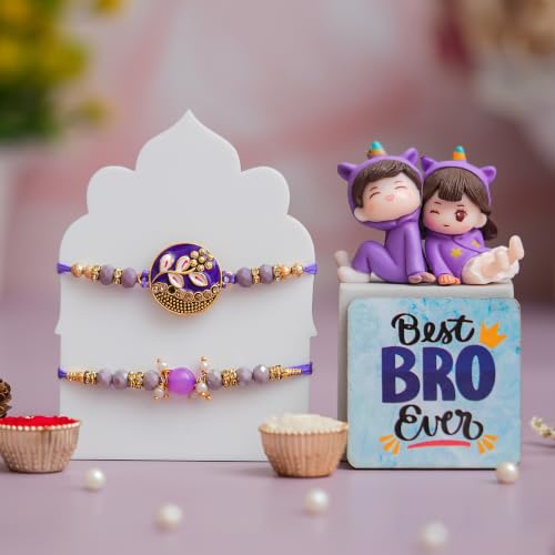 Image of eCraftIndia Purple Designer Rakhi for Brother with Cute Brother-Sister Showpiece, Best Bro Ever Fridge Magnet & Roli Chawal Pack | Raksha Bandhan Gift Set for Bhai, Bhaiya, Brother