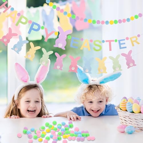 Image of 4 Pcs Easter Day Bunny Felt Banner Colorful Happy Easter Felt Banner Colorful Pink Blue Yellow Pom Pom Ball Garland Bunny Rabbits Pompom Hanging Banner Hanging Garland for Home Party Favors