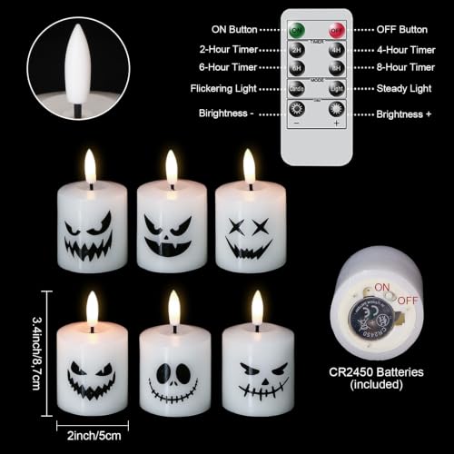 Image of Halloween Flameless Votive Real Wax Candles Battery Operated with Remote | White, 3D Wick Flickering, 2 /4 /6 /8H Timer, LED Light, Halloween Home Decor & Gift, 2 inch x 3.4 inch, 6 pack