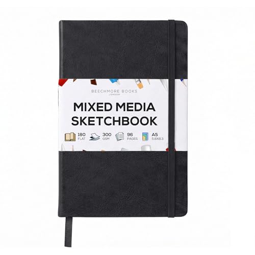 Beechmore Books 300 GSM Heavyweight Mixed Media Sketchbook A5 5.8 x 8.3 Vegan Leather Hardcover Professional Art Journal for Paintings Gouache and Ink