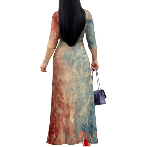 Image of Plus Size Dresses for Women Print Maxi Dresses 3 /4 Sleeve with Belt