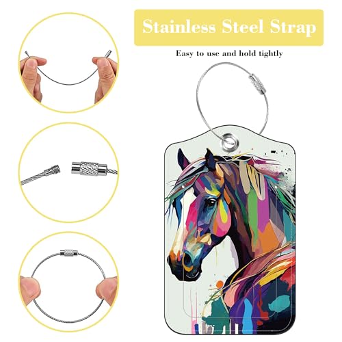 2 Pack Luggage Tags for Suitcase,PU Leather Travel Cruise Luggage Tag with Privacy Cover,Name ID Label and Steel Ring,Travel Essentials for Women Men (Watercolor Horse)3