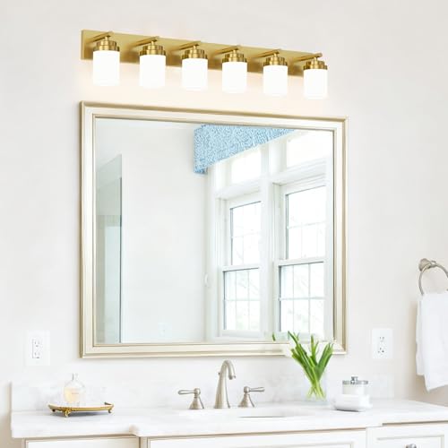 Image of IZORRO Bathroom Vanity Light Fixture, 6-Light 46 Inch Gold Bathroom Light Fixtures Over Mirror, with White Glass Shade, Modern Farmhouse Vanity Lights, Rustic Restroom Lighting Fixtures