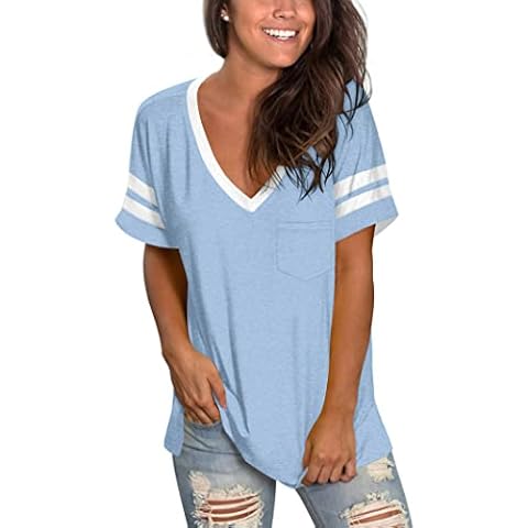 Pluse Size T Shirts for Women V-Neck Casual Tops with Pocket Soft Comfy Tshirt Sky Blue 3XL Cover