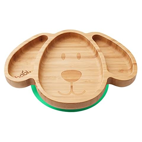 BABI® Baby Toddler Large Dog Plate, Natural Bamboo, with Stay Put Silicone Suction Ring (Green) Cover