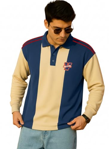 Image of Veirdo Men's Loopknit Cotton Oversized Baggy Fit | Full Sleeve Polo T-Shirt | Casual Streetwear with Ribbed Cuffs Travel | Sizes: S to XXL