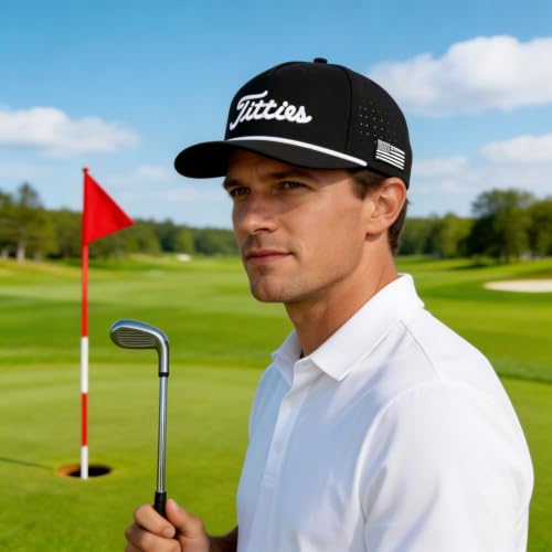 Image of Curves & Clubs Titties Golf Hat, Funny Rope Snapback for Men with USA Flag, Breathable Performance Golf Cap