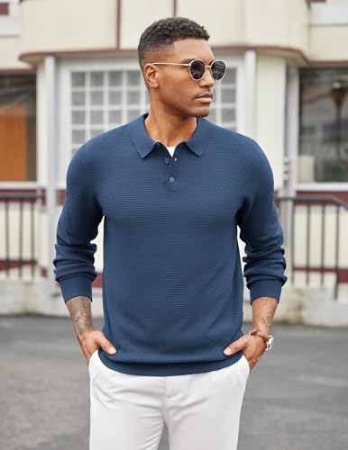 COOFANDY Men's Knit Polo Sweater Long Sleeve Casual Collared Quarter Button Golf Waffle Textured Sweater3