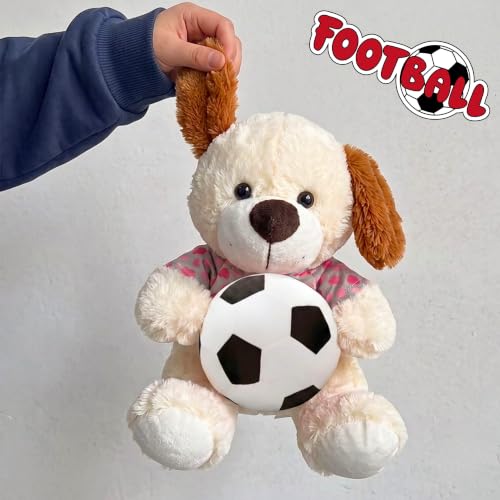 Image of Tickles Cute Sitting Puppy Dog with Football Soft Stuffed Plush Animal Sports Toy for Kids Boys & Girls Birthday Gift (Size: 33 cm Color: Multicolor)