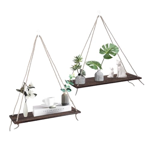 Tissting Estante Colgante de Madera, Moderno Estante Flotante con Cuerda Triangular para Sala de Estar, Dormitorio y Pasillo, Estanteria Pared para Plantas, Cuadros y Velas