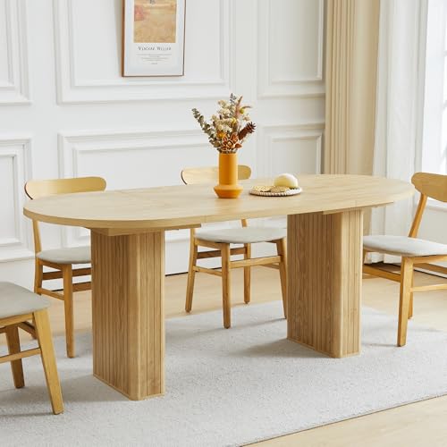 Image of 70.8 Inch Kitchen Dining Table for 4-6 People, Oval Kitchen Table with Wood Strip Base, Modern Farmhouse Large Round Dining Room Tables for Living Room (Natural)