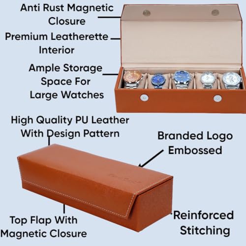 Image of Hard Craft Watch Organizer Holder Jewelry Accessories Display Storage Case Watch Organiser Collection Box 5 Slots In PU Leather For Men Women Rust Color