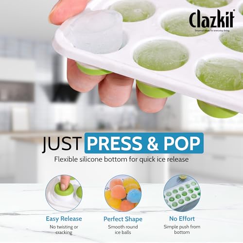 Image of Clazkit Silicone Ice Cube Tray with Lid (2 Pack, 21 Cavities Each) | Easy Pop-Out Round Ice Mold | BPA Free Flexible Ice Tray | Stackable Ice Cube Maker for Freezer, Whiskey, Cocktails, Juice