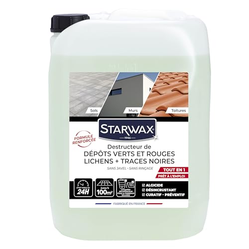 STARWAX Destructeur Dépôts Verts, Rouges, Lichens & Traces Noires, 10L pour 100m², Algicide désincrustant Tout-en-1 grandes surfaces, Formule renforcée...