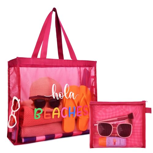 30L Large Beach Bag with Pouch Foldable Sandproof Lightweight Pool Mesh Tote Bag with Two Pockets for Swimming Travel